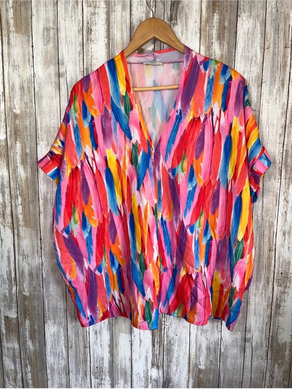 Jodifl Feather Print Blouse Size M Multicolor Oversized V Neck Boho Top - Picture 3 of 8